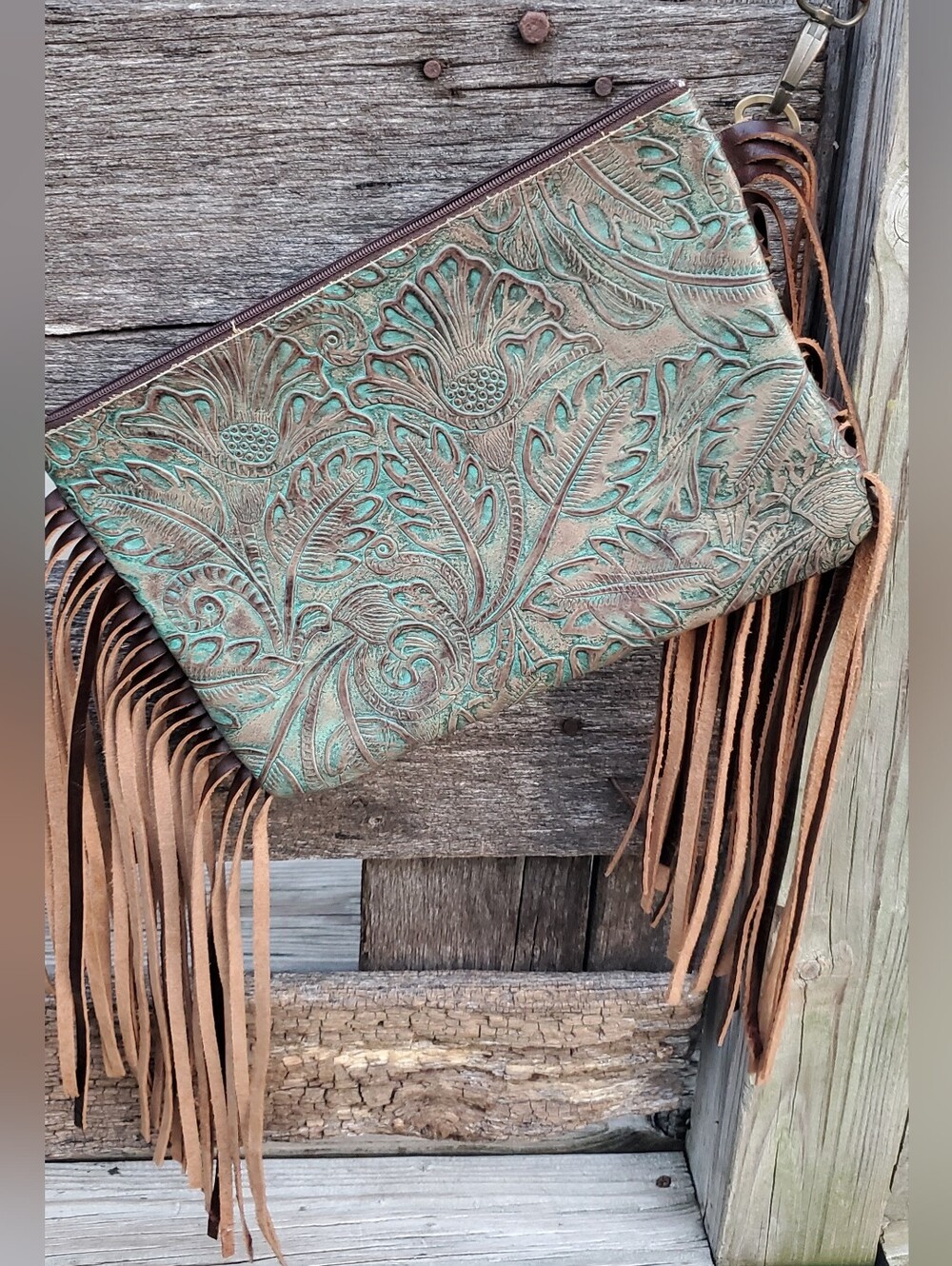 10.5x7" Leather Western Textured Tassled Clutch